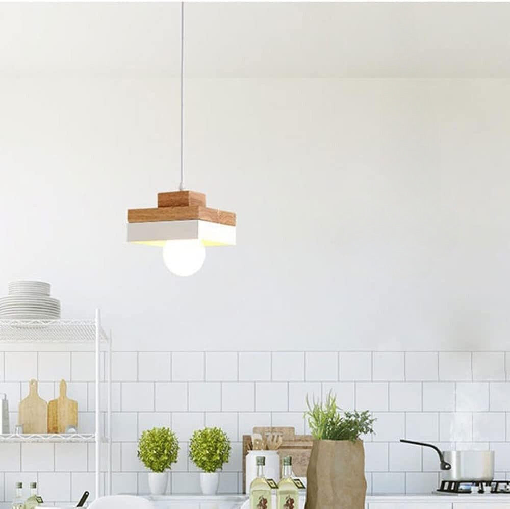 Aria lampă suspendată neagră și albă din lemn, minimalistă, geometrică