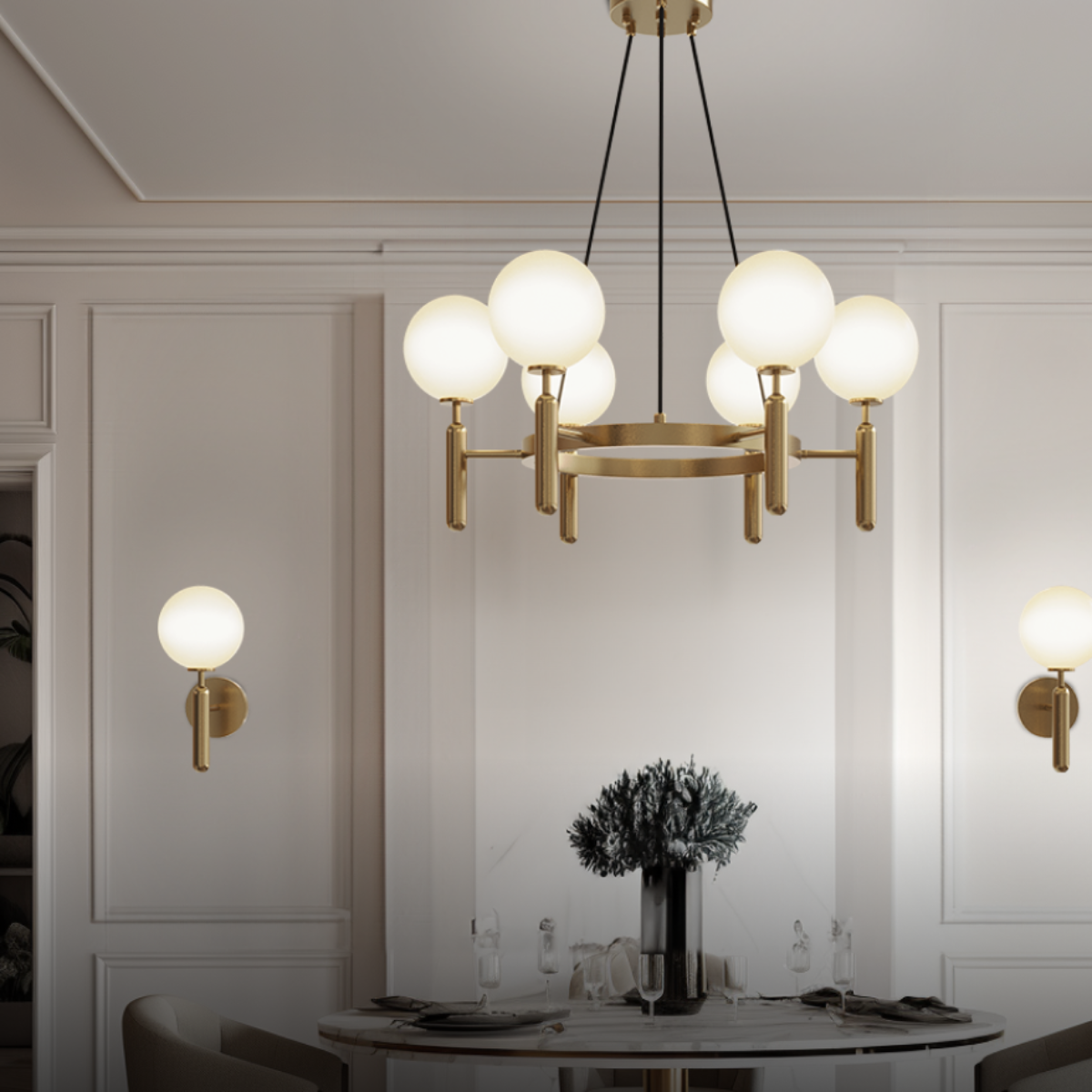 Kristy Design lampă suspendată din sticlă sferică și metal în auriu și alb