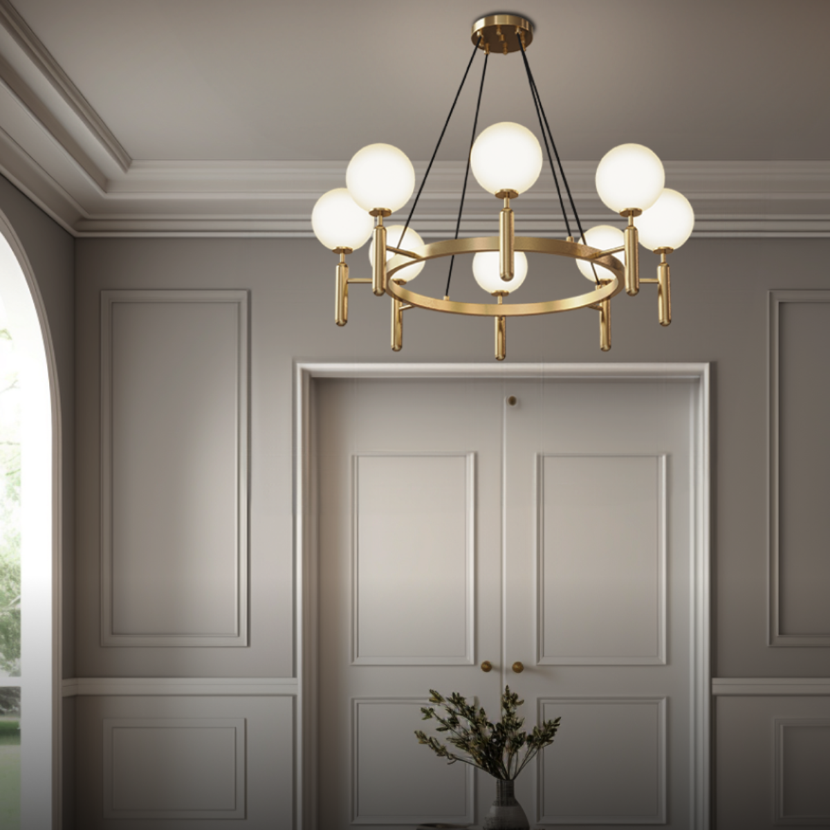 Kristy Design lampă suspendată din sticlă sferică și metal în auriu și alb