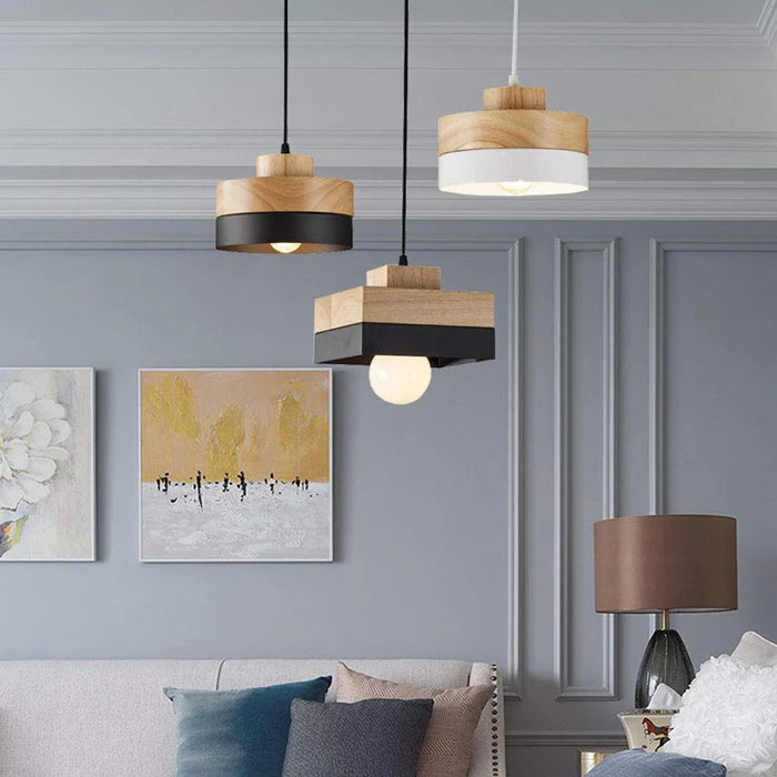 Aria lampă suspendată neagră și albă din lemn, minimalistă, geometrică