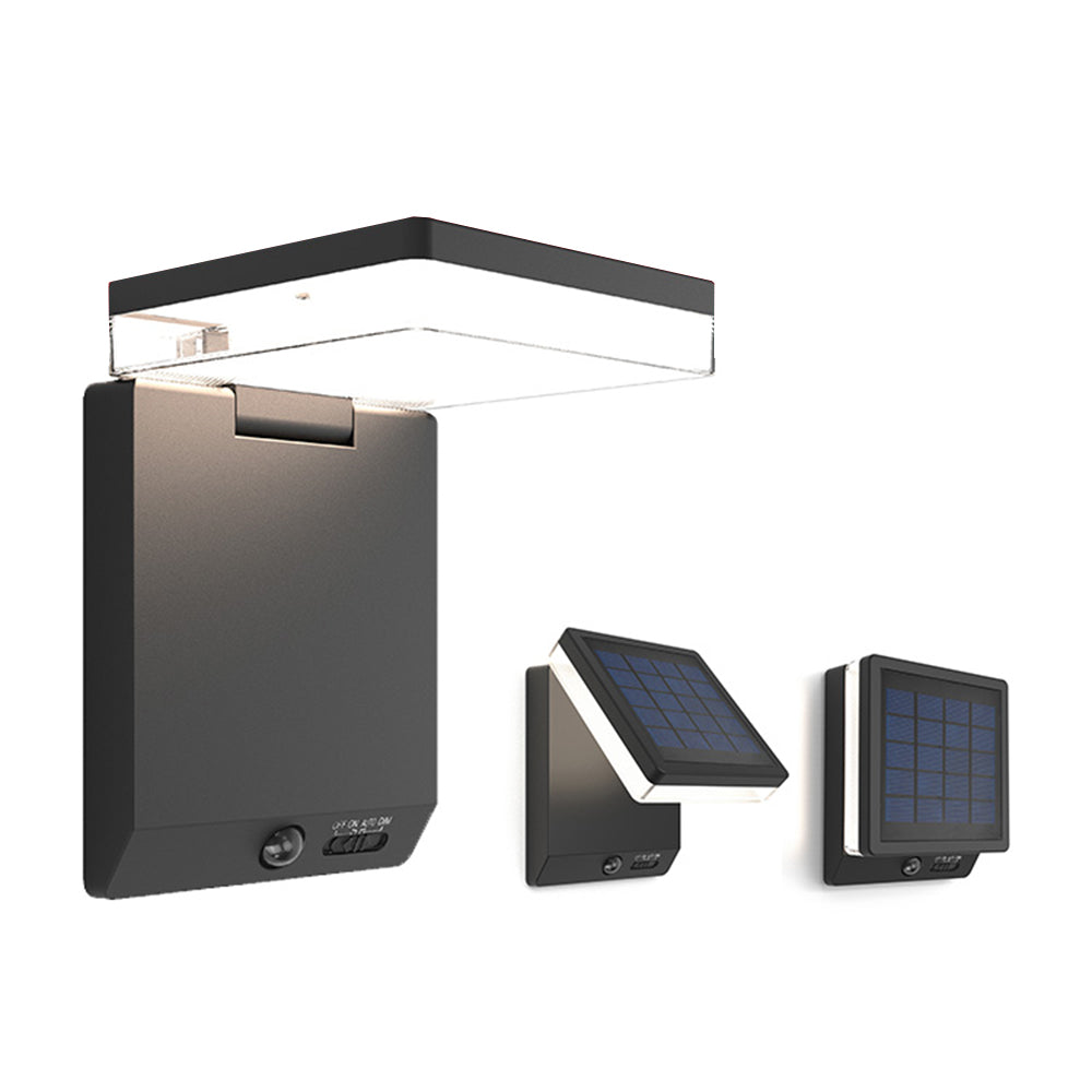 Ray aplică de perete pentru exterior modern minimalist cu senzor dreptunghiular solar impermeabil, negru