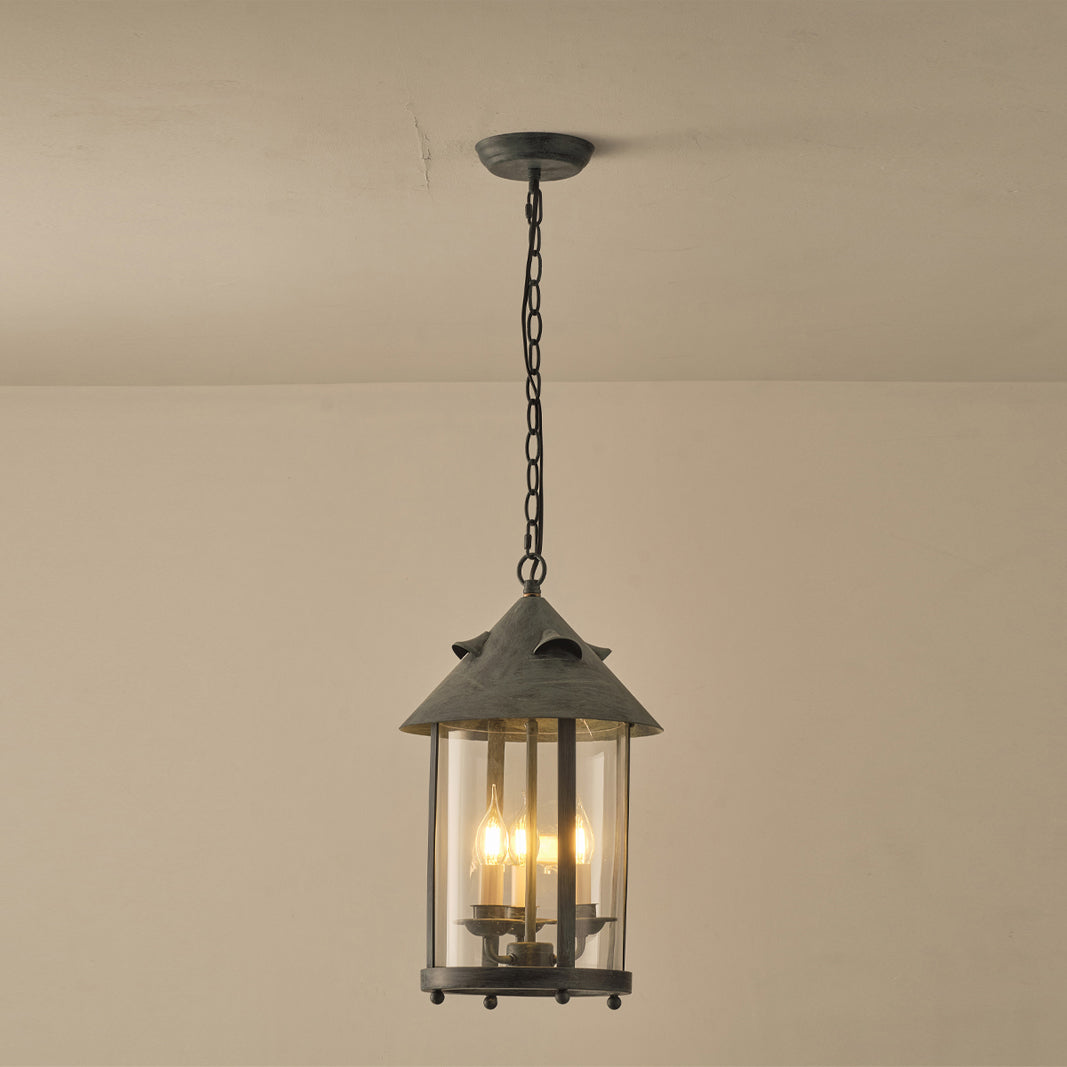 Tinduvyh lampă suspendată din metal și sticlă, vintage, industrială, în formă de lanternă