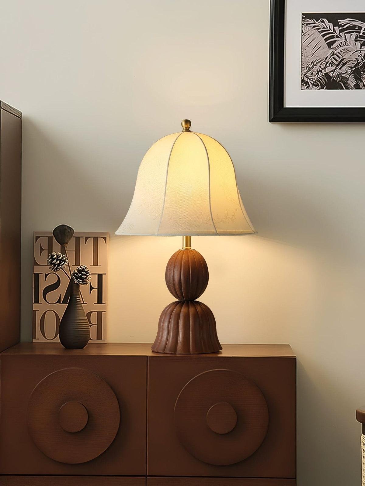 Aldiia lampă de masă vintage din lemn cu abajur textil