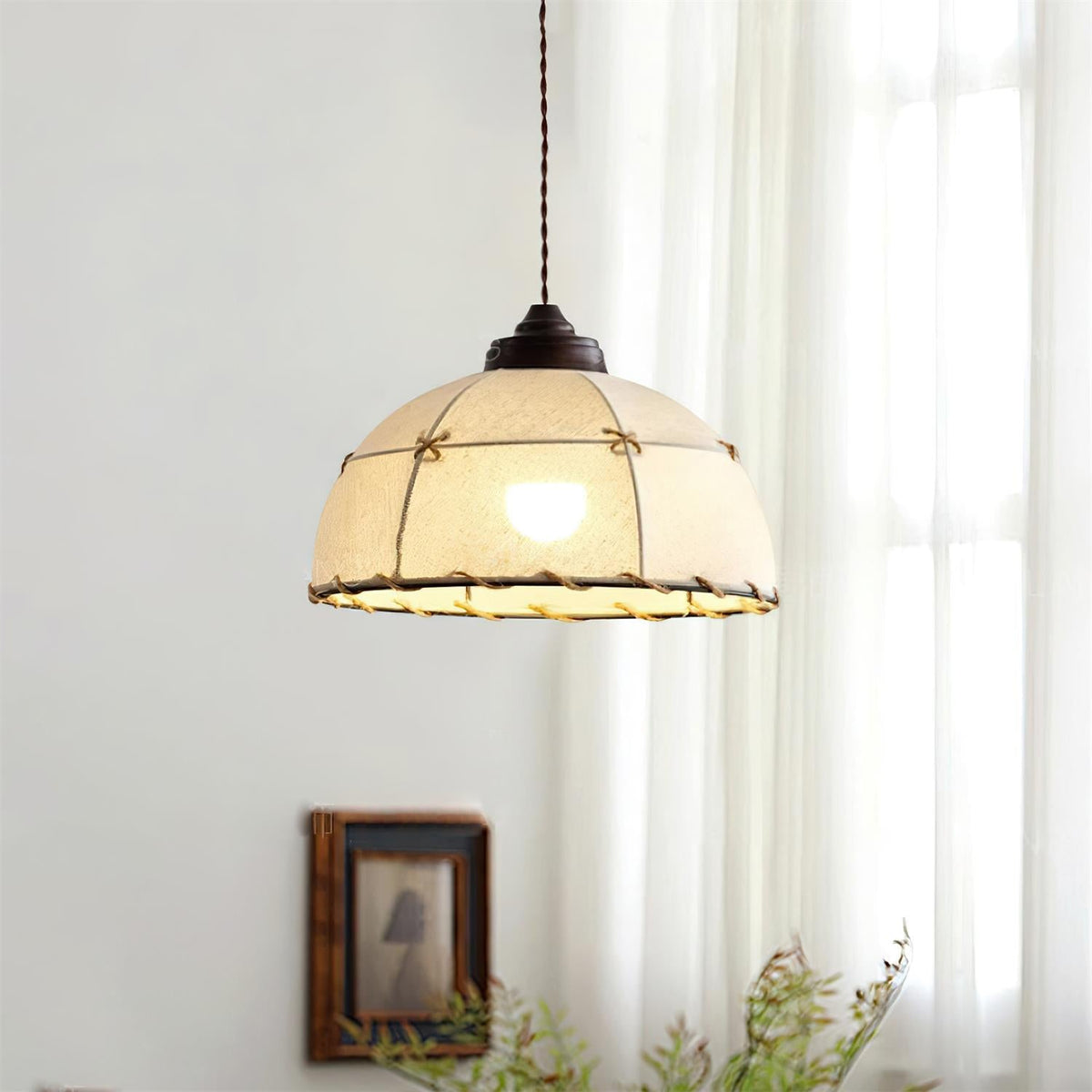 Lampă suspendată cu abajur din țesătură, formă de cupolă, stil vintage minimalist, lumină difuză