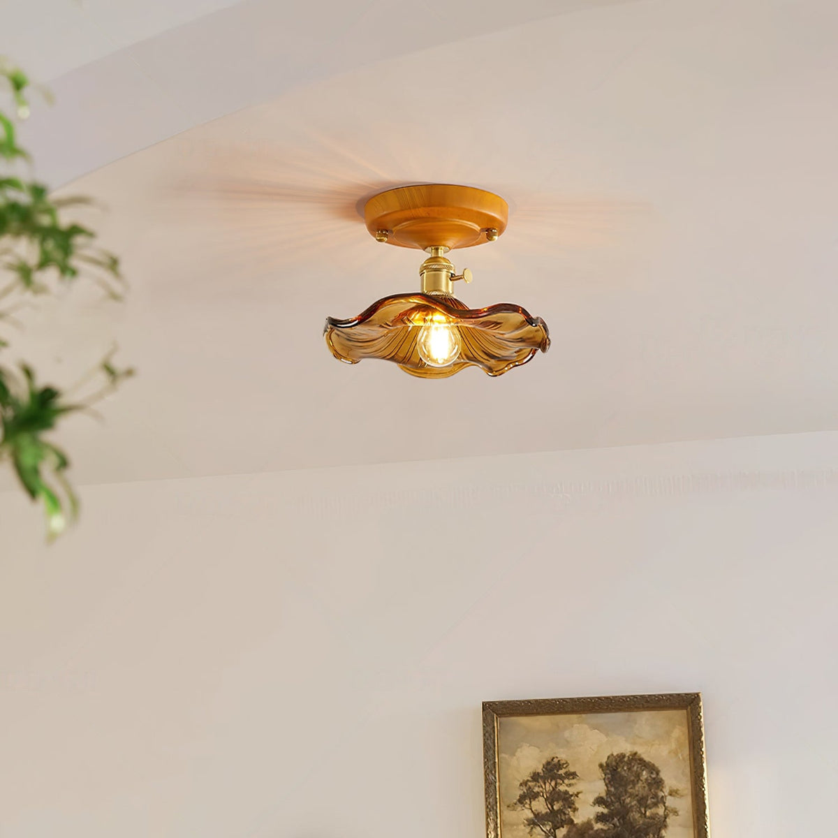 Plafonieră Rozetă de Tavan din lemn, Abajur din alamă și sticlă în Formă Florită Vintage Stil Farmhouse