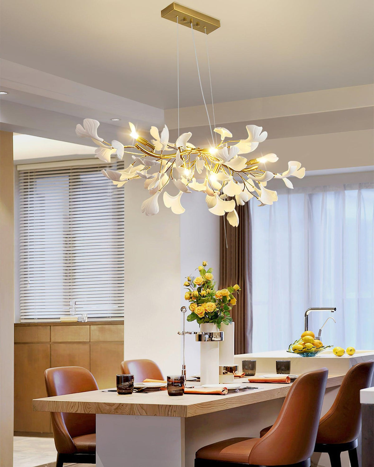 Dylo candelabru din alamă cu ramuri de petale ceramice liniare Ginkgo