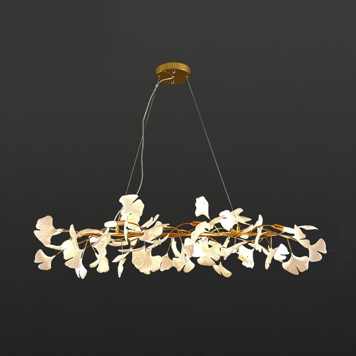 Candelabru cu cadru metalic, abajur ceramic în formă de ginkgo alb aurie, artă modernă
