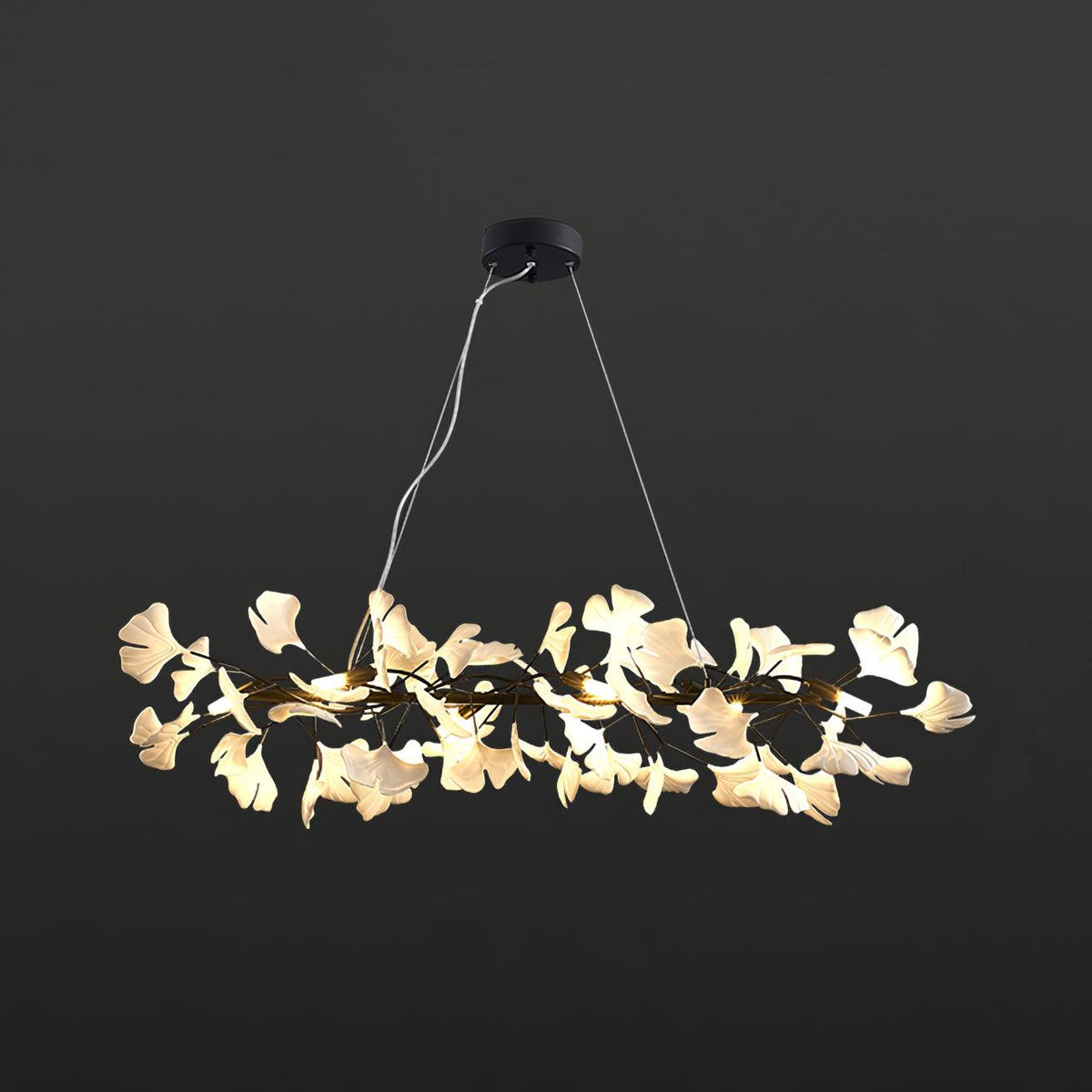 Candelabru cu cadru metalic, abajur ceramic în formă de ginkgo alb aurie, artă modernă