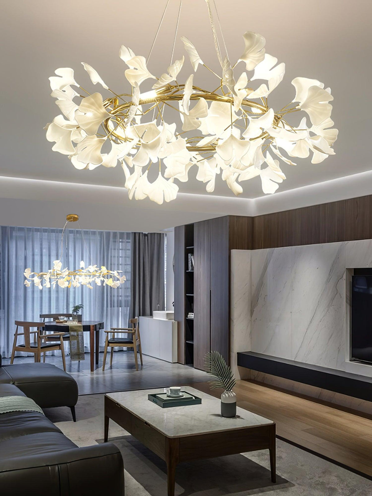 Candelabru cu cadru metalic, abajur ceramic în formă de ginkgo alb aurie, artă modernă