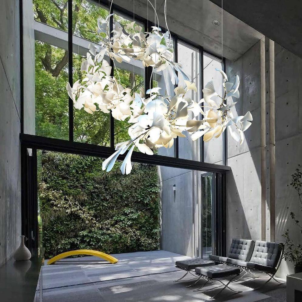 Calix candelabru cu abajur din ceramică în formă de frunză Gingko și finisaj alb aur, în stil modern