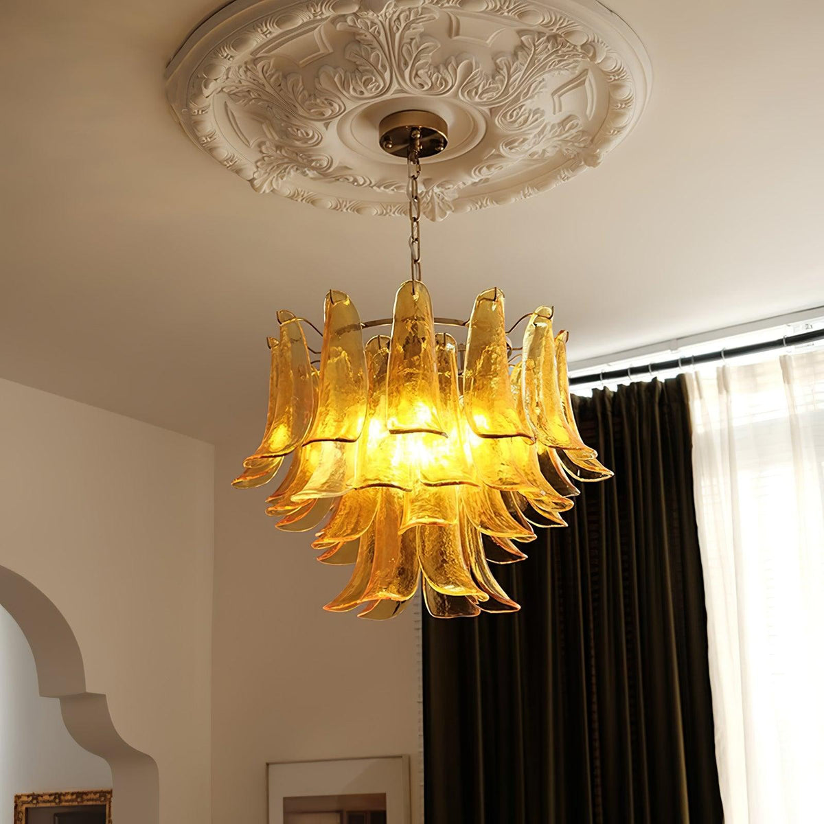 Elvess candelabru din sticlă Murano Frunze Aurii