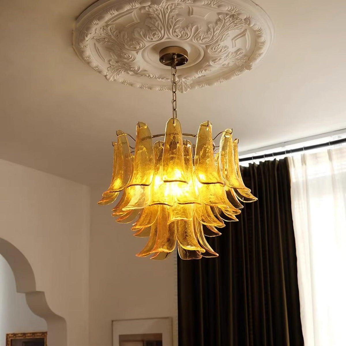 Elvess candelabru din sticlă Murano Frunze Aurii