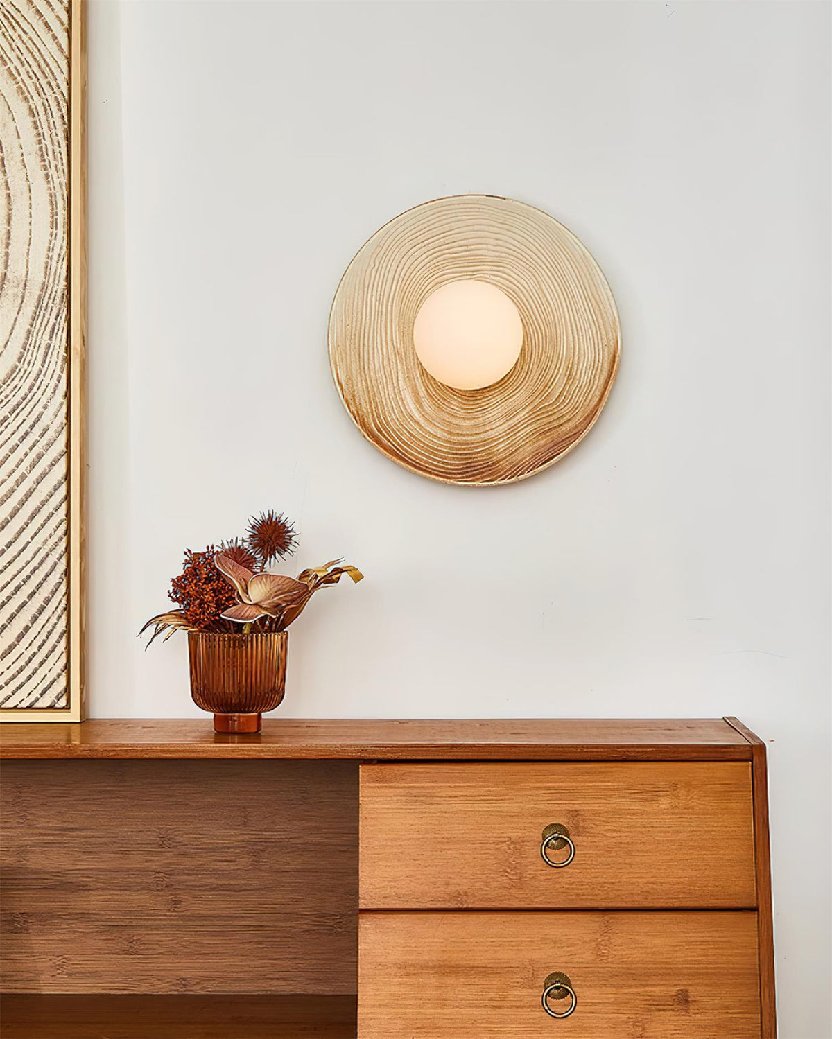 Aplică de perete cu disc ceramic texturat și accent din lemn pentru living, pentru zona de intrare, în stil modern