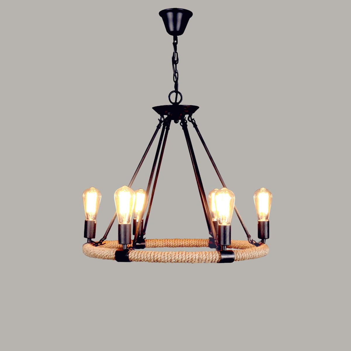 Novien candelabru din cânepă și frânghie, industrial, rotund