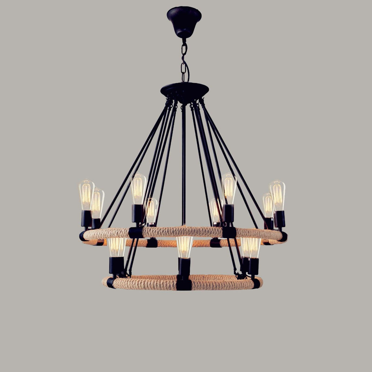 Novien candelabru din cânepă și frânghie, industrial, rotund