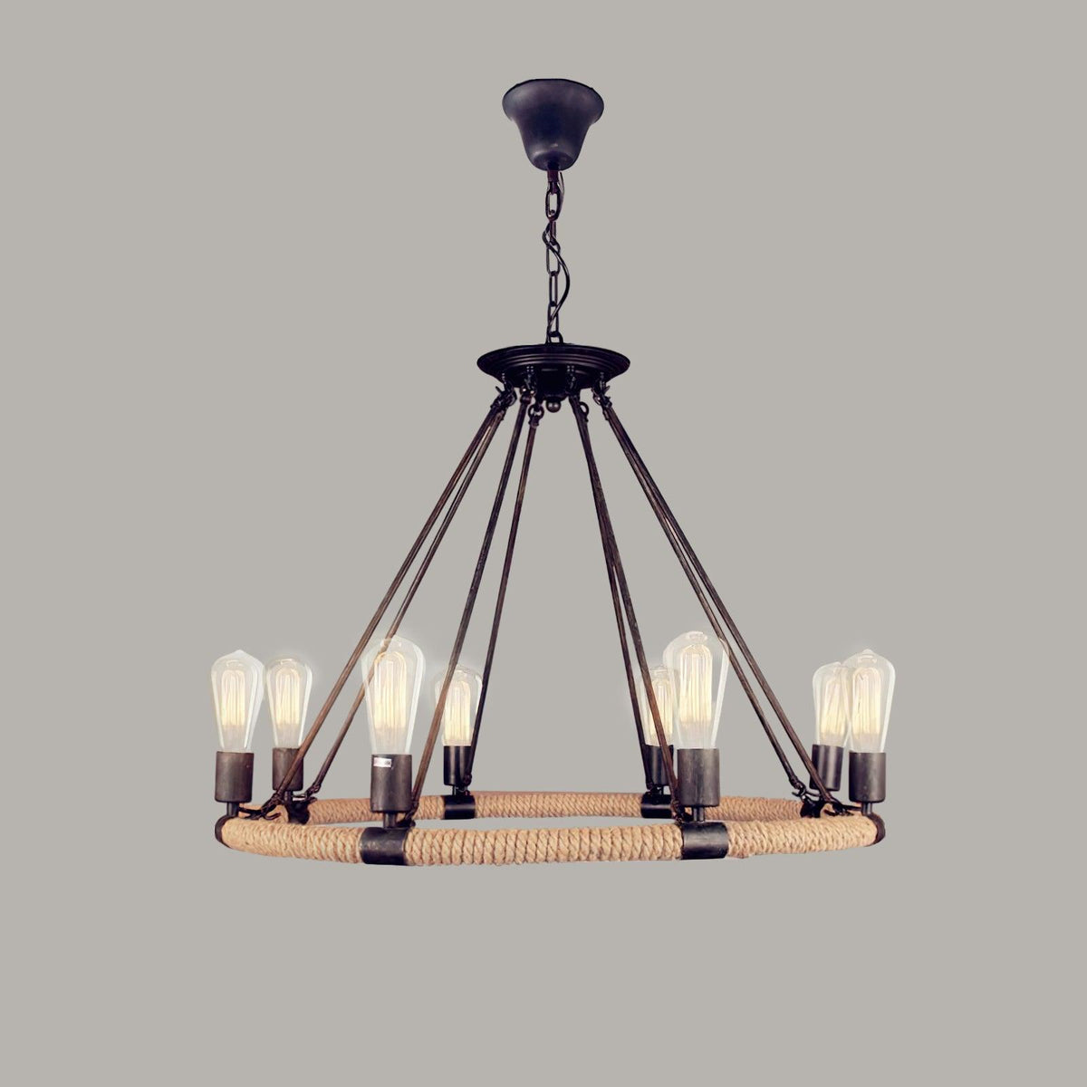 Novien candelabru din cânepă și frânghie, industrial, rotund