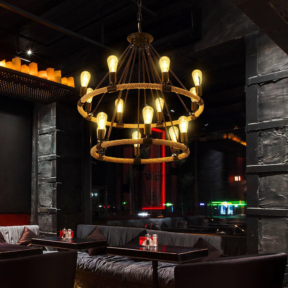 Novien candelabru din cânepă și frânghie, industrial, rotund