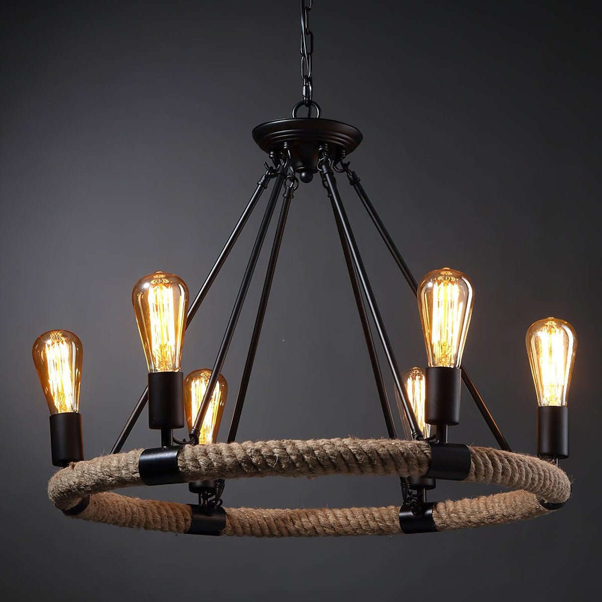 Novien candelabru din cânepă și frânghie, industrial, rotund