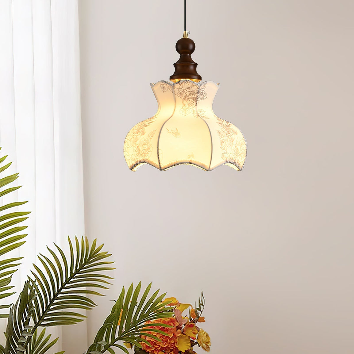 Lampă suspendată metal și lemn Țesătură Vintage Floral Elegant