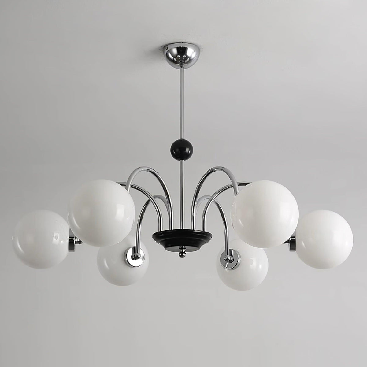 Candelabru cu brațe curbate și abajuri sferice, stil modern retro, pentru sufragerie