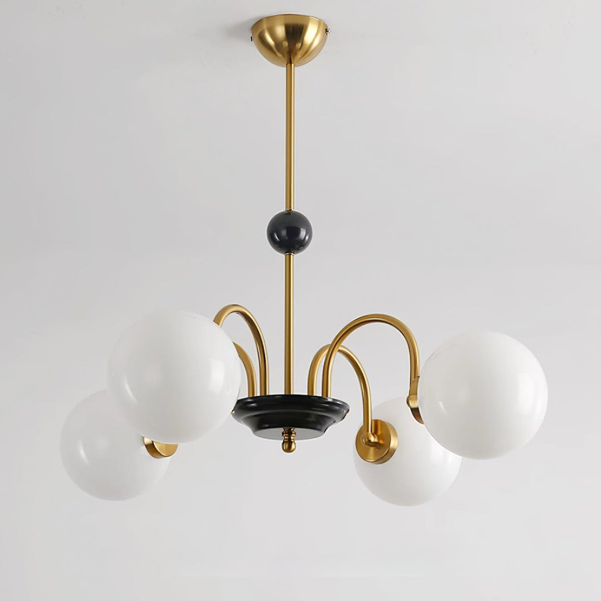 Candelabru cu brațe curbate și abajuri sferice, stil modern retro, pentru sufragerie