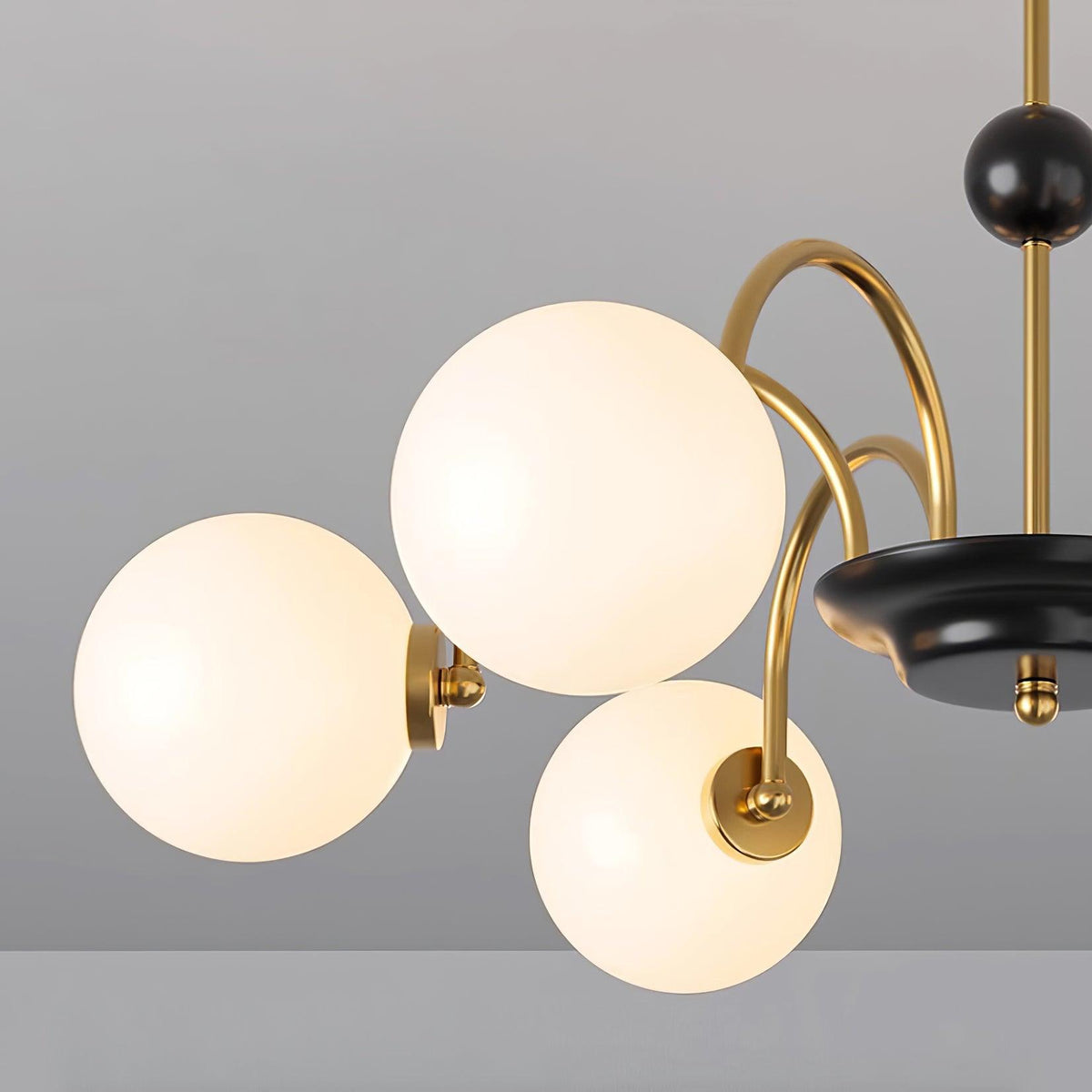 Candelabru cu brațe curbate și abajuri sferice, stil modern retro, pentru sufragerie