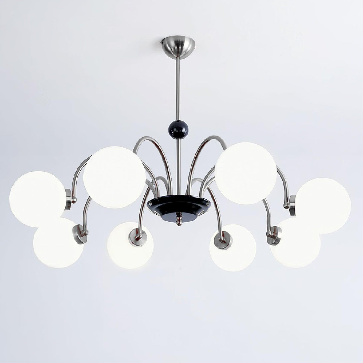 Candelabru cu brațe curbate și abajuri sferice, stil modern retro, pentru sufragerie