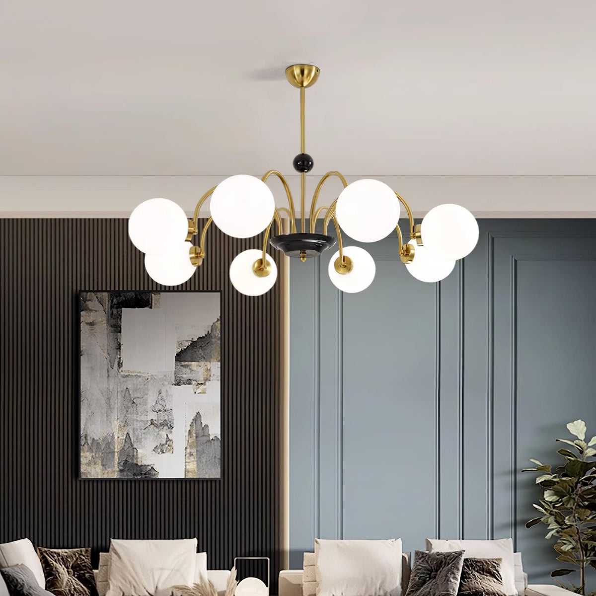 Candelabru cu brațe curbate și abajuri sferice, stil modern retro, pentru sufragerie