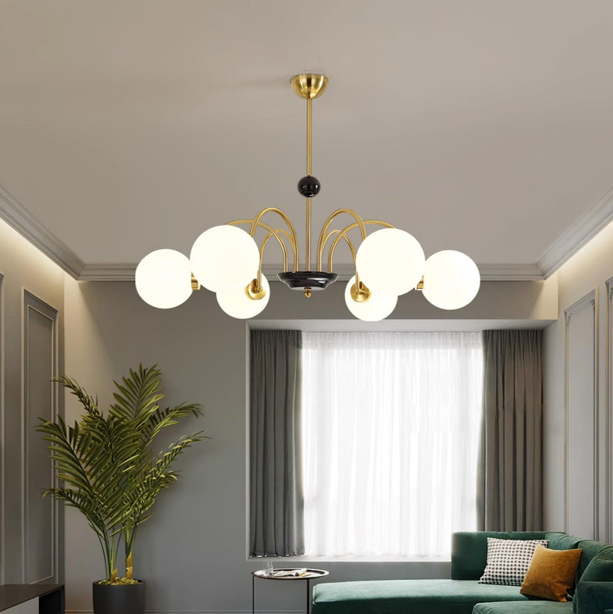 Candelabru cu brațe curbate și abajuri sferice, stil modern retro, pentru sufragerie