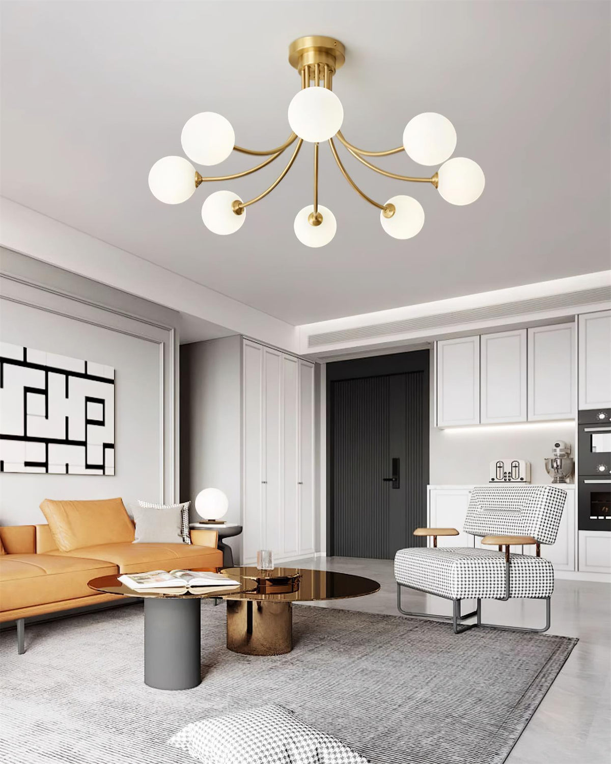 Plafonieră cu brațe ramificate din alamă, abajure sferice opalin, modern și elegant