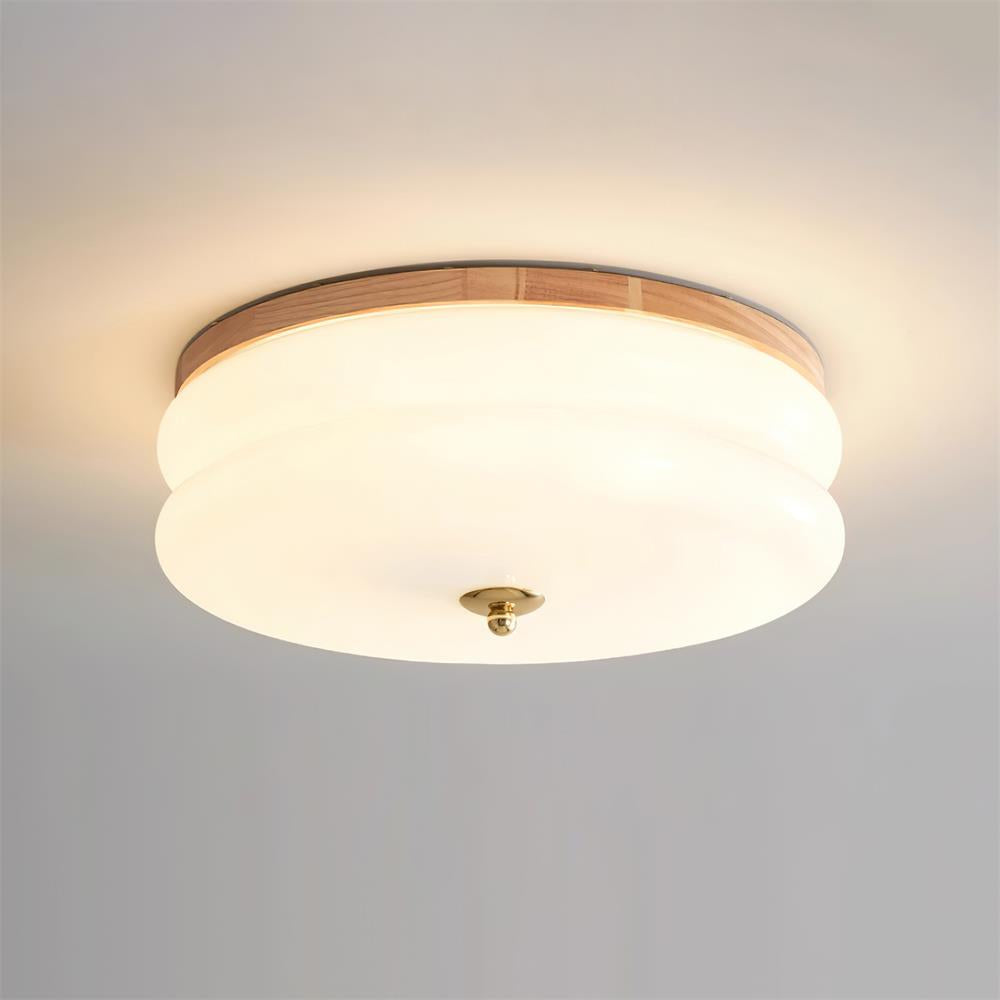 Cora plafonieră cu Abajur din sticlă cu Două Straturi, Disc din lemn de Nuc minimalist