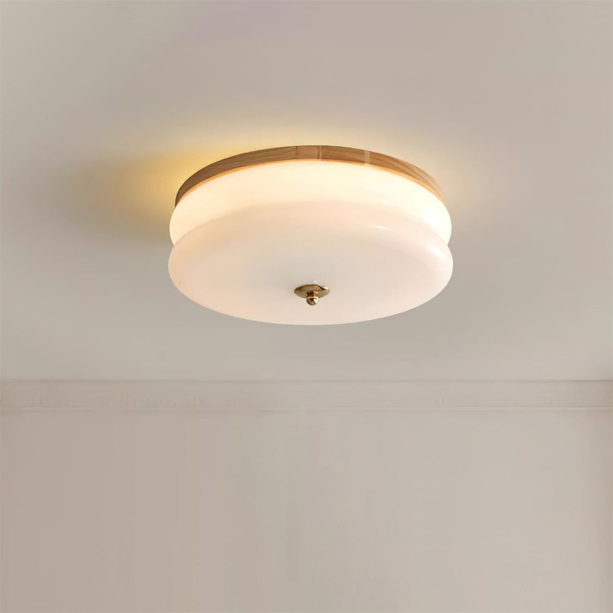 Cora plafonieră cu Abajur din sticlă cu Două Straturi, Disc din lemn de Nuc minimalist