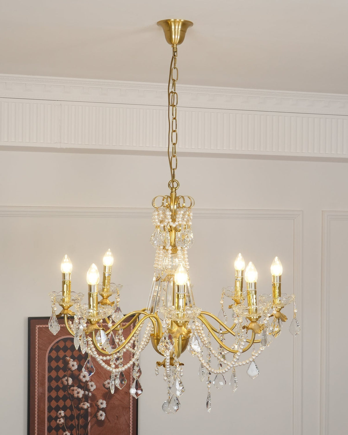 Candelabru corp din alamă cu picături de cristal perlé, eleganță vintage