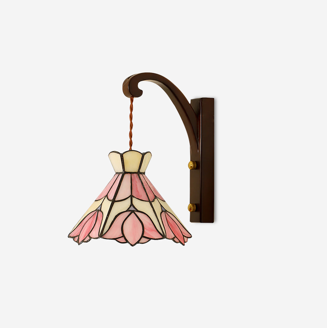 Aplică de perete corp din lemn abajur din sticlă Tiffany model floral roz artă vintage