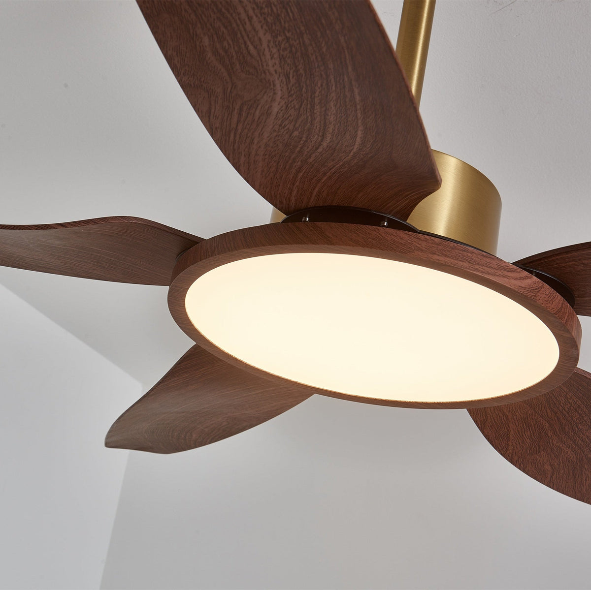 Sylenel ventilator de tavan cu lumină din lemn și alamă, modern