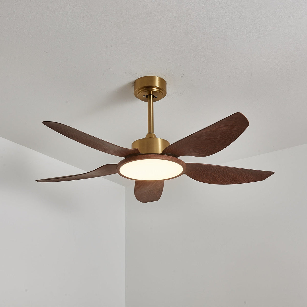 Sylenel ventilator de tavan cu lumină din lemn și alamă, modern