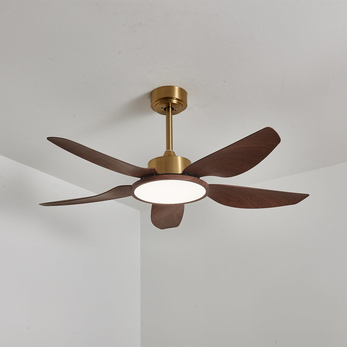Sylenel ventilator de tavan cu lumină din lemn și alamă, modern