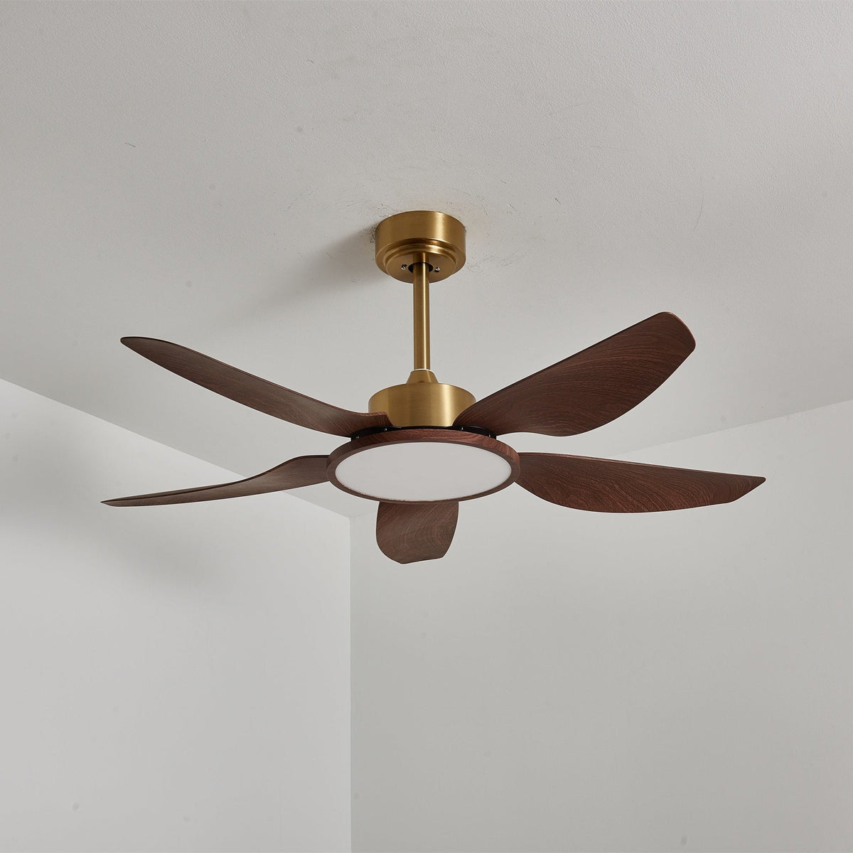 Sylenel ventilator de tavan cu lumină din lemn și alamă, modern