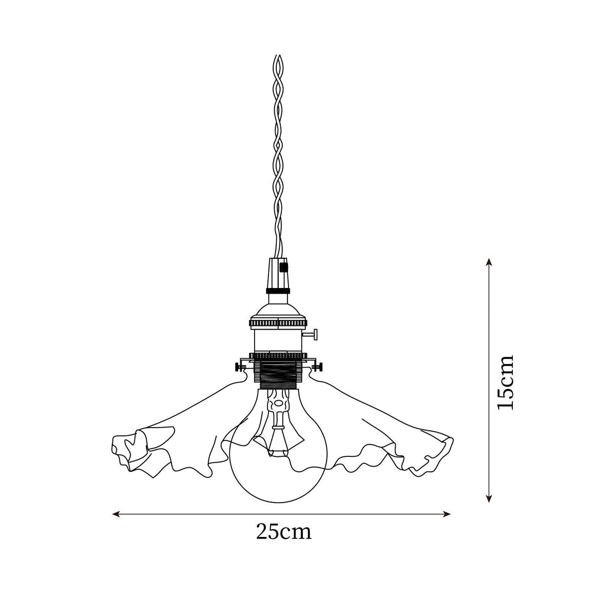 Lampă suspendată din sticlă cu abajur ruffle, corp din alamă și lumină caldă