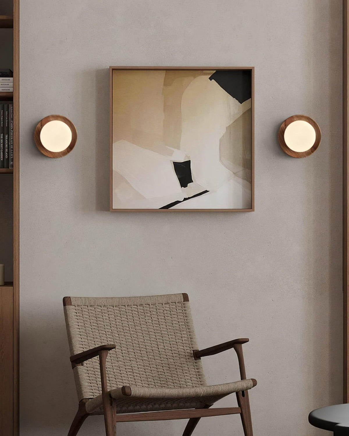 Aplică de perete corp metal cu bordură din lemn, stil minimalist