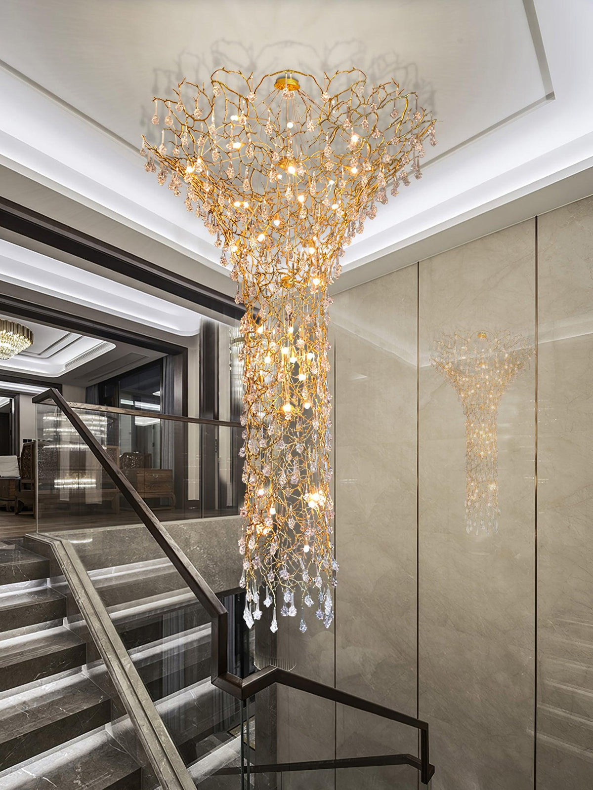 Abeleisa candelabru din ramuri de copac, alamă și cristal