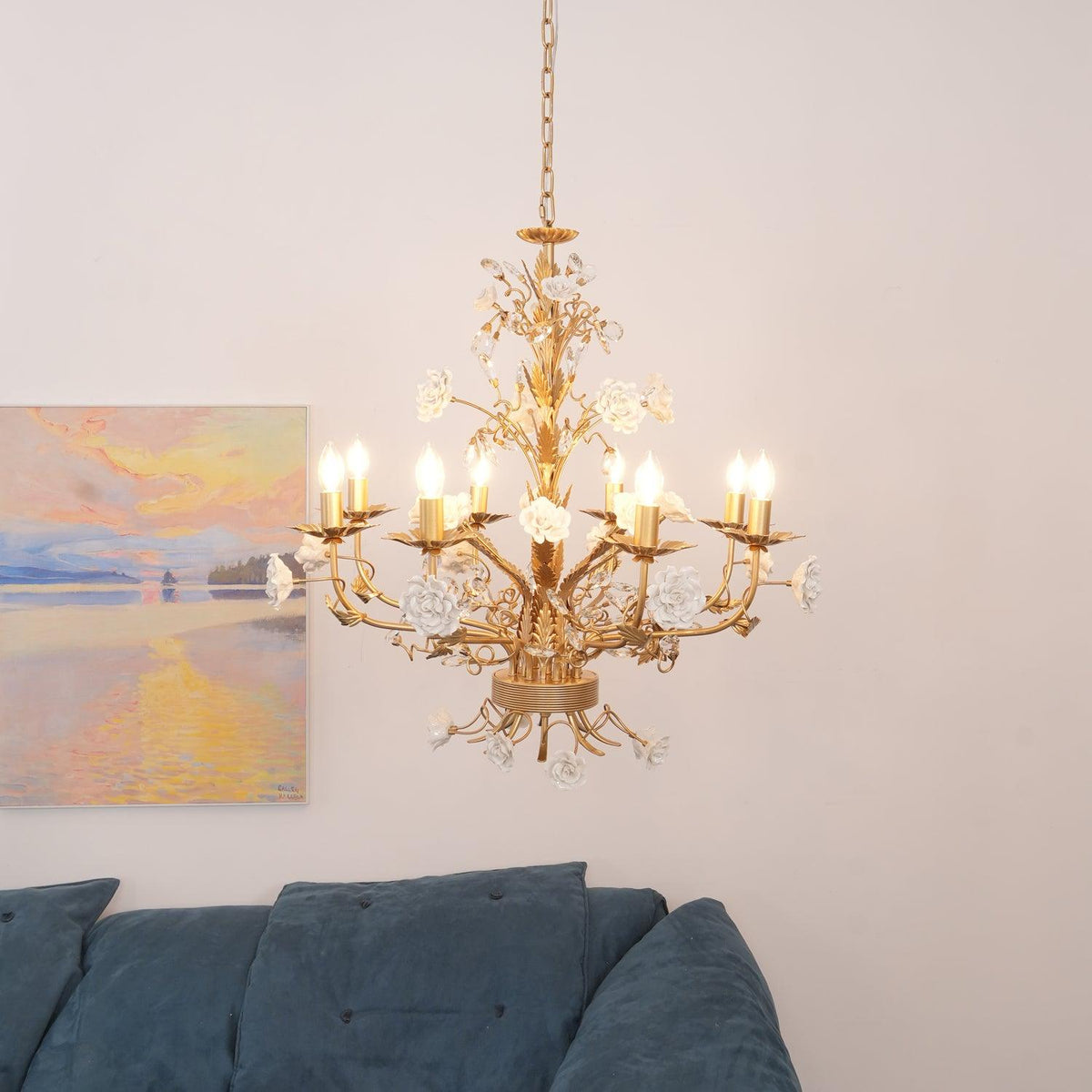 Candelabru Ornate metal Frame Porcelain Roses cristal clasic de lux