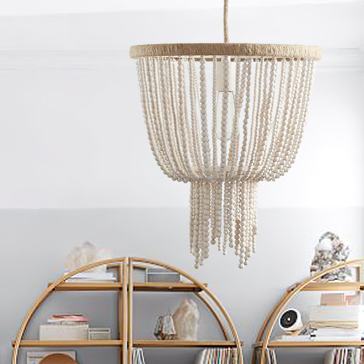 Himinuvyi candelabru modern cu Perle din Frânghie de lemn