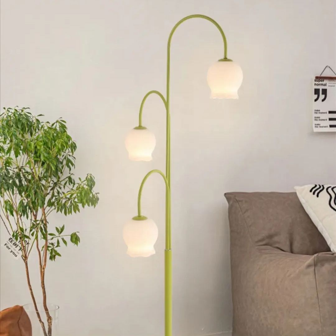 Lily cu abajur verde în formă de floare, lampadar din metal și sticlă, pentru living sau dormitor