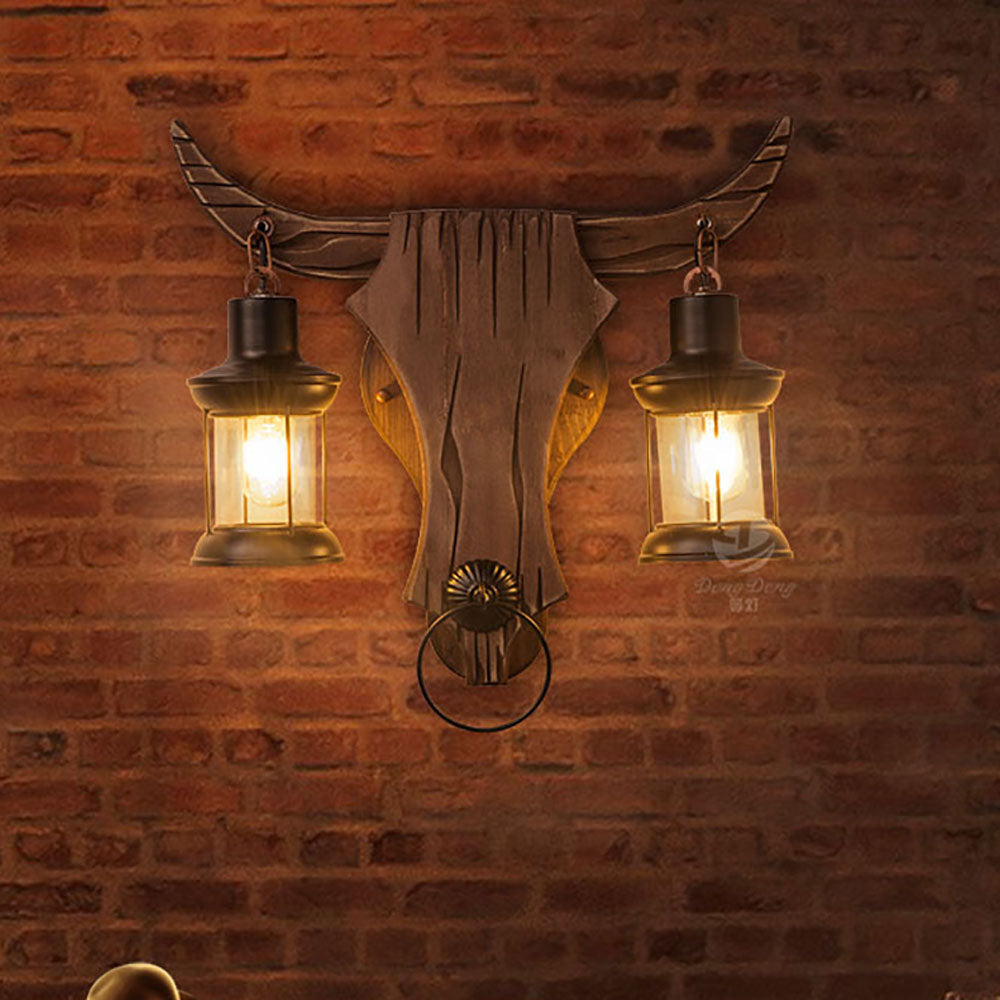 Austin aplică de perete în formă de boi vintage, 2 surse de lumină lemn/metal, dormitor