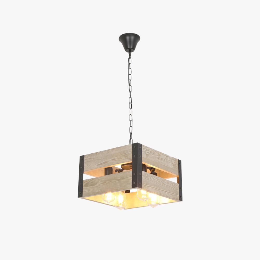 Silva lampă suspendată pătrată retro din metal și lemn, 4 surse de lumină, 2 Stil