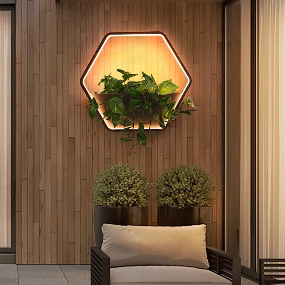 Ray aplică de perete pentru exterior minimalist cu abajur hexagonal și raft din metal negru