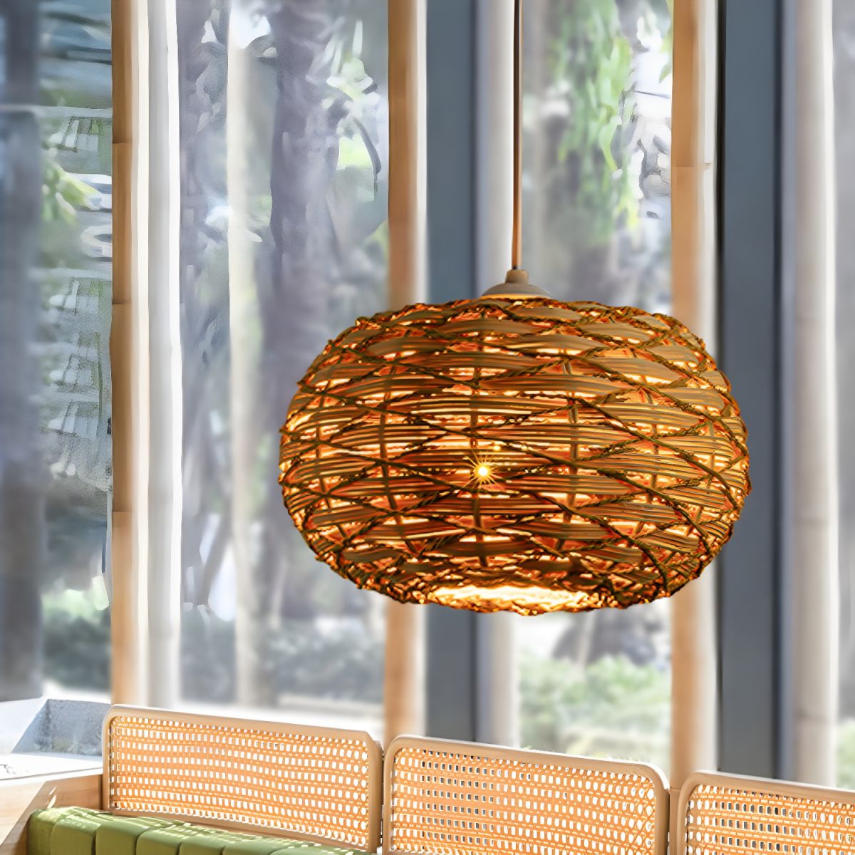 Ritta Boho Retro lampă suspendată LED lemn ratan dormitor/Restaurant