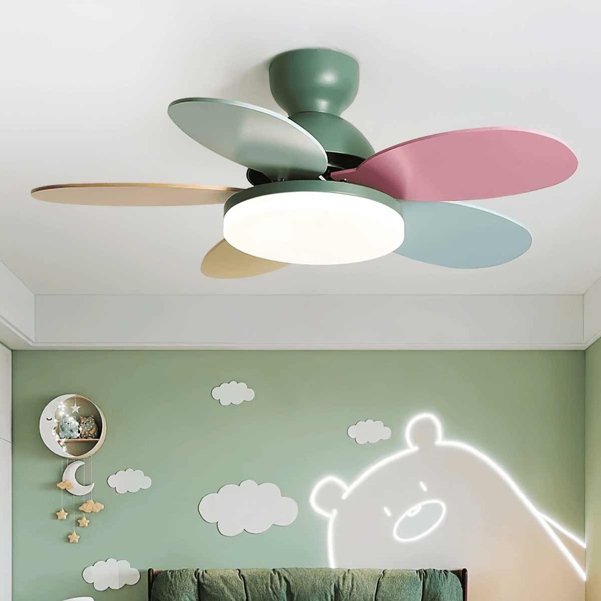 Eireise ventilator de tavan cu lumină din sticlă, multicolor, pentru camera copiilor