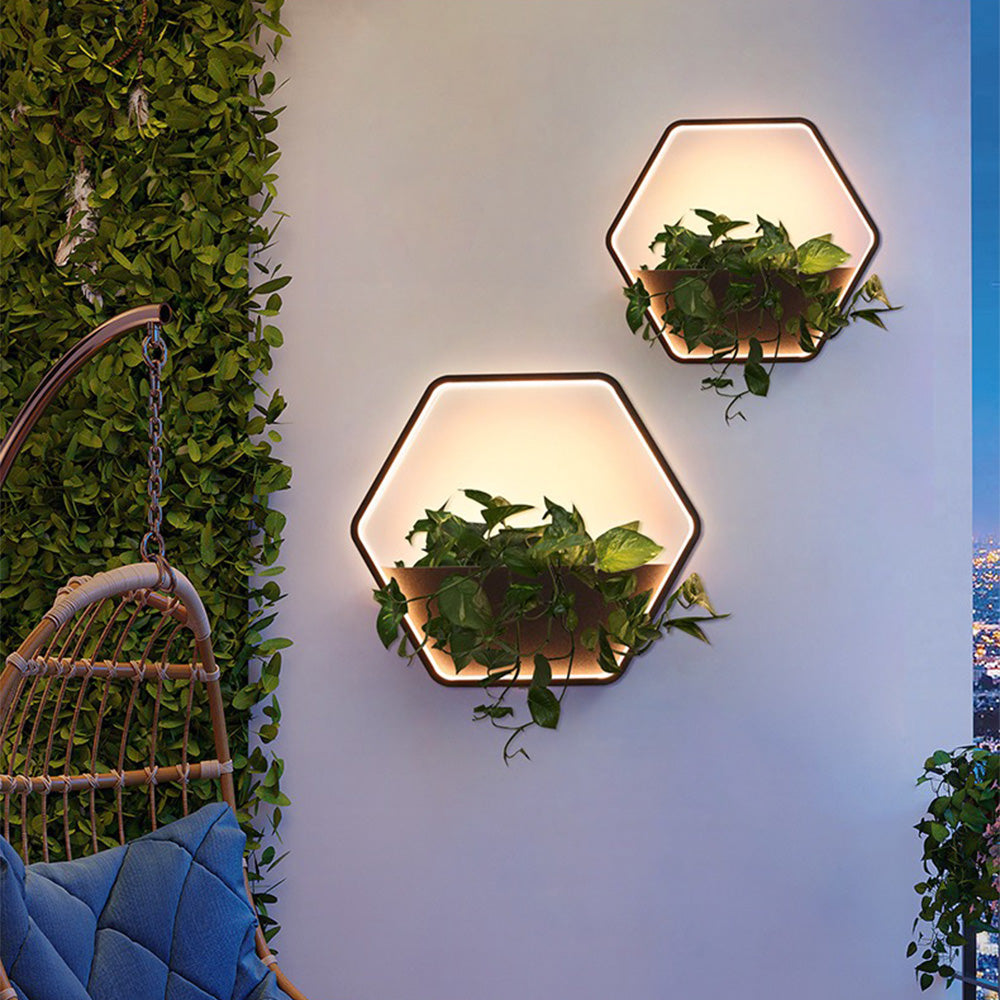 Ray aplică de perete pentru exterior minimalist cu abajur hexagonal și raft din metal negru